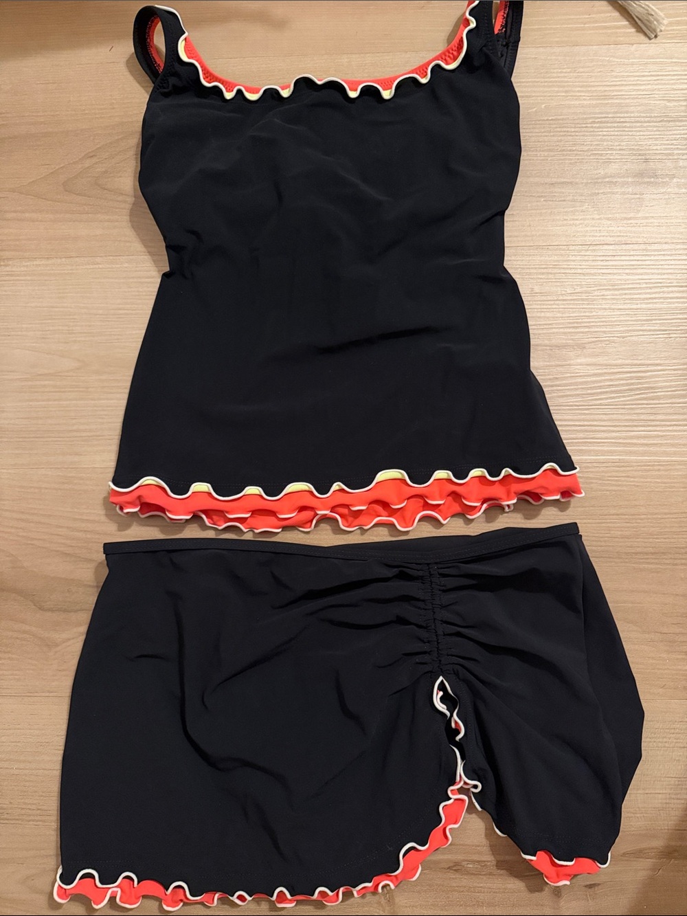 Profile By Gottex Black Tankini with Red and Cream Ruffle Trim